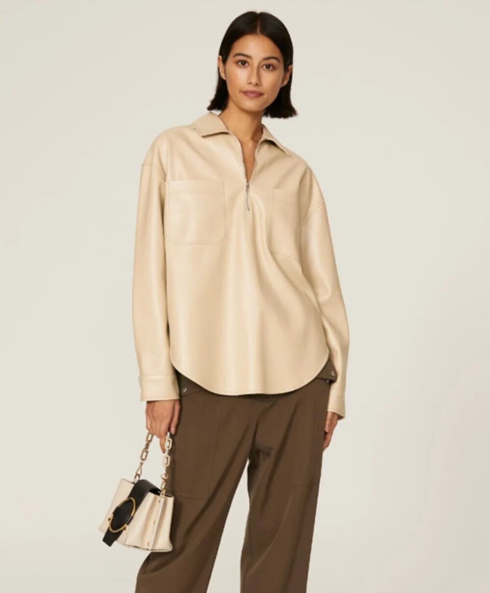 SAYLOR Women's Remi Faux Leather Top Small Brown/Beige Long Sleeve Pockets